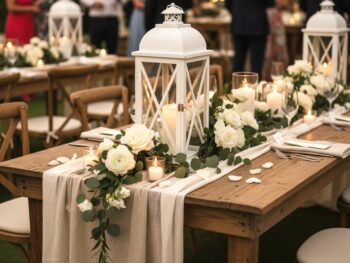 Lanternes blanches posée sur une table en bois décorée de fleurs dans une ambiance de mariage