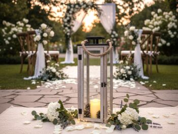 Lanterne en bois déposée sur un drap blanc au sol entourée de fleurs blanches dans un décor de mariage