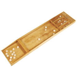 Le Billard-hollandais est un jeu de palets en bois avec un plateau rectangulaire, des palets ronds blancs et des fentes de marquage à une extrémité.