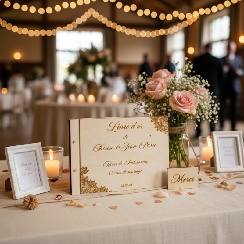 Livre d'or en bois posé sur une table avec une nappe blanche dans une salle de mariage