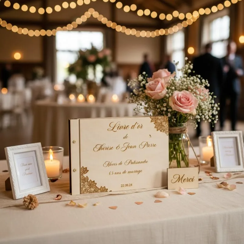 Livre d'or en bois posé sur une table avec une nappe blanche dans une salle de mariage